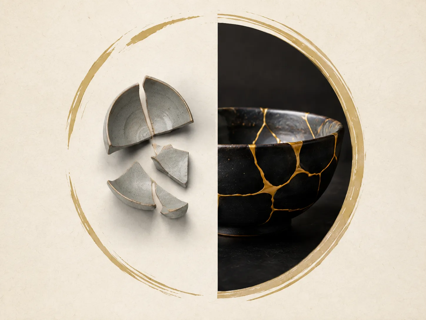 Kırık seramik ve Kintsugi yöntemiyle onarılmış hâli