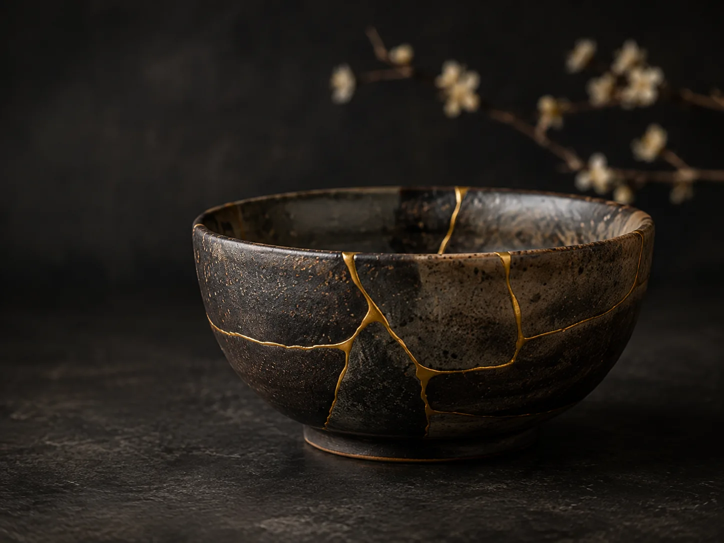 Altınla onarılmış siyah Kintsugi kasesi